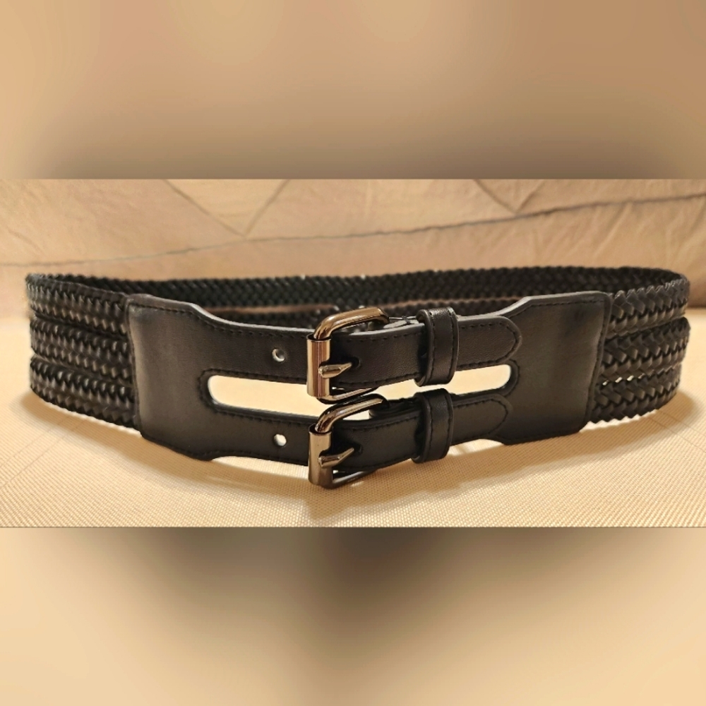 BCBGMaxAzria Black Wide Braided Double Buckle Belt Size M New Without Tags